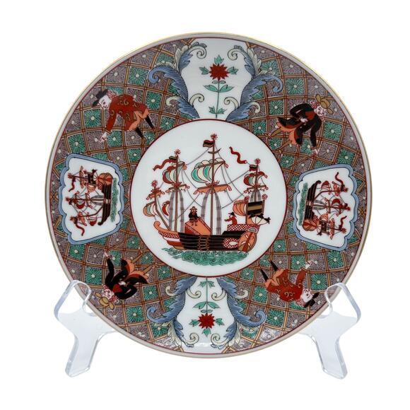 Japanese Imari Tachikichi Plate – Nanban Ship & Traders Motif Vintage - Picture 1 of 12